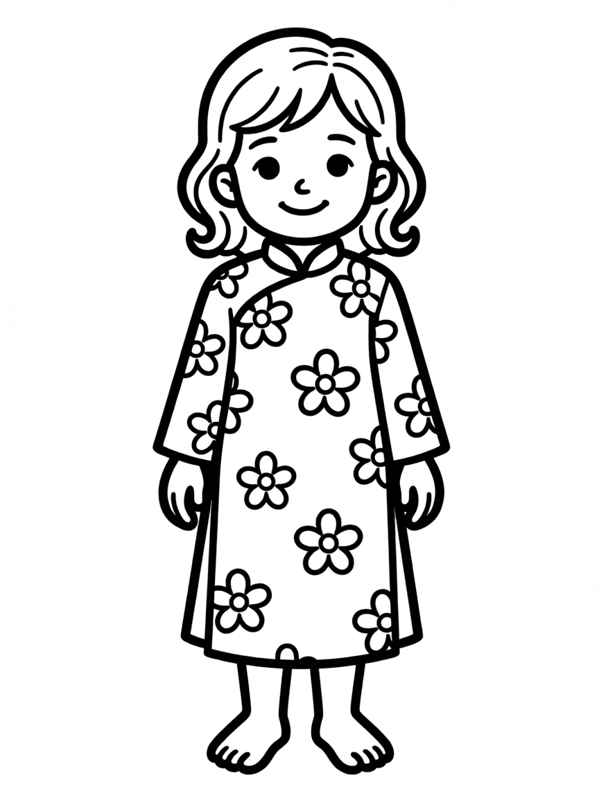 A Vietnamese child, with a simple flower pattern on their dress.