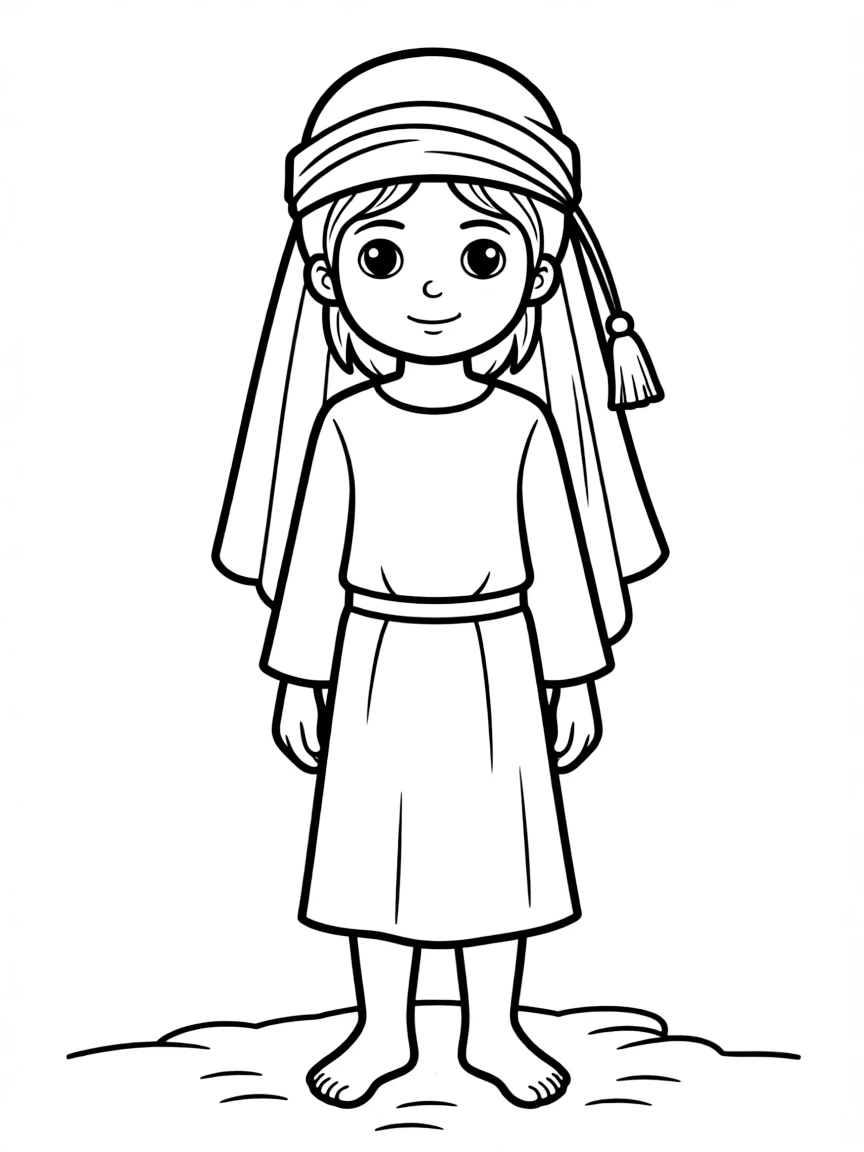 A Bedouin child, with a simple tassel on their headscarf.