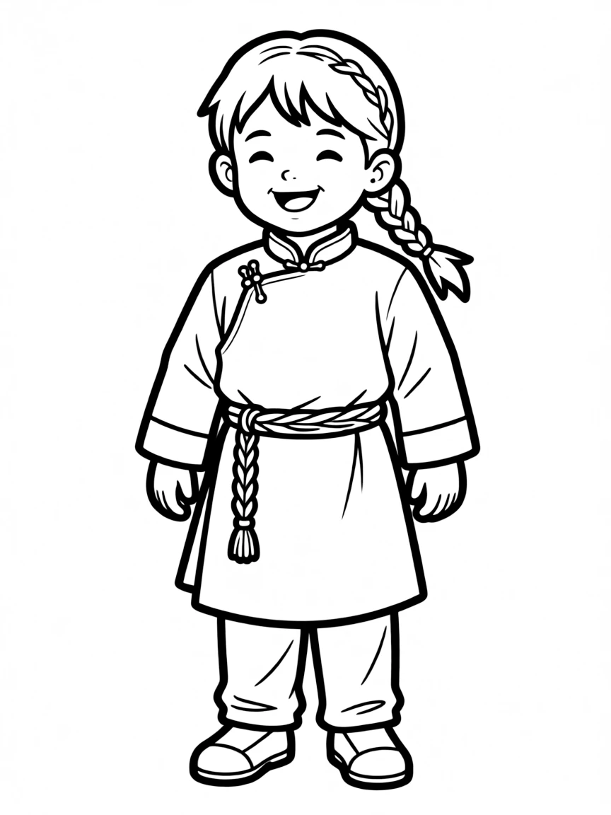 A Mongolian child, with a simple braided cord on their clothes.