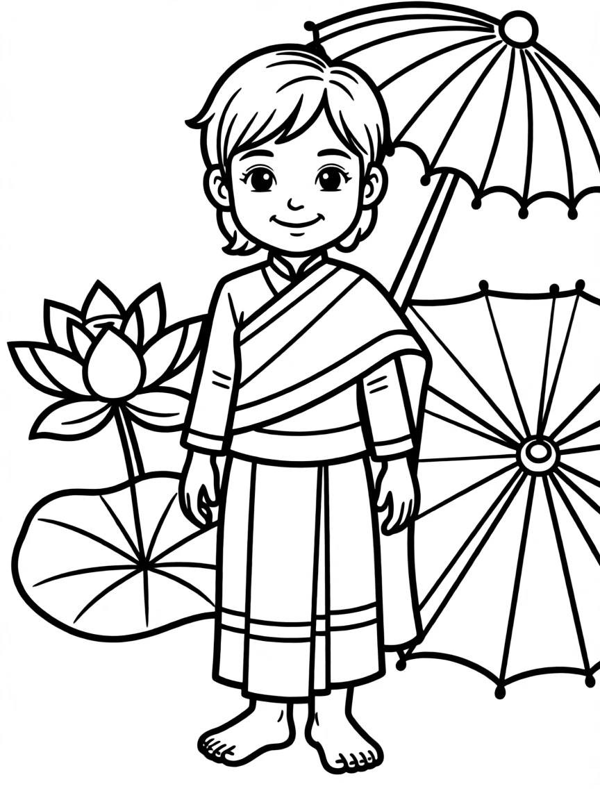 A Thai child, with a simple gold trim on their dress.