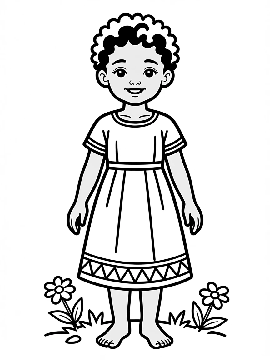 An Ethiopian child, with a simple pattern on the hem of their dress.
