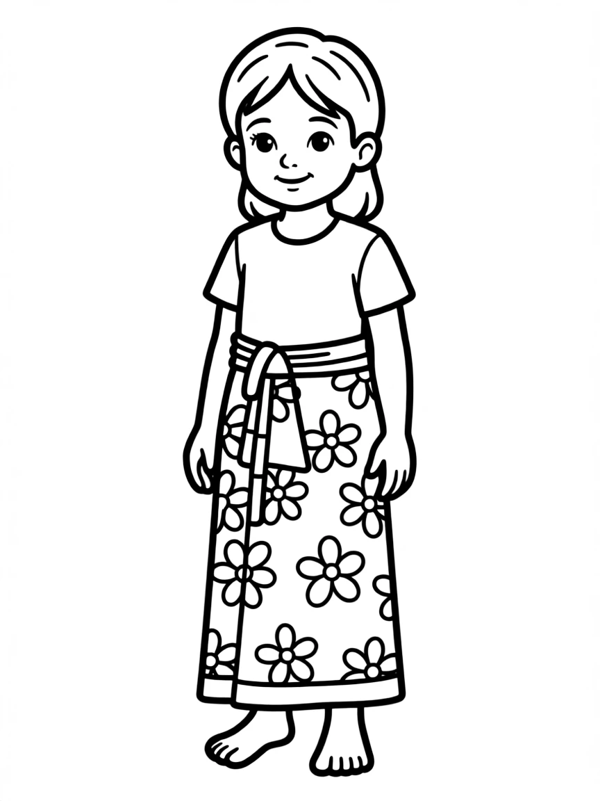 An Indonesian child, with a simple floral pattern on their sarong.