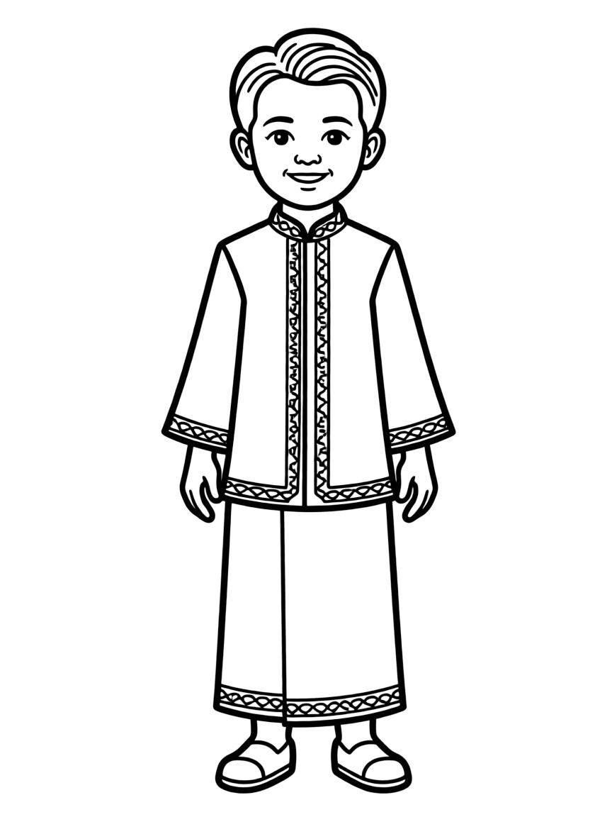 A Malaysian child, with a simple border on their baju kurung.