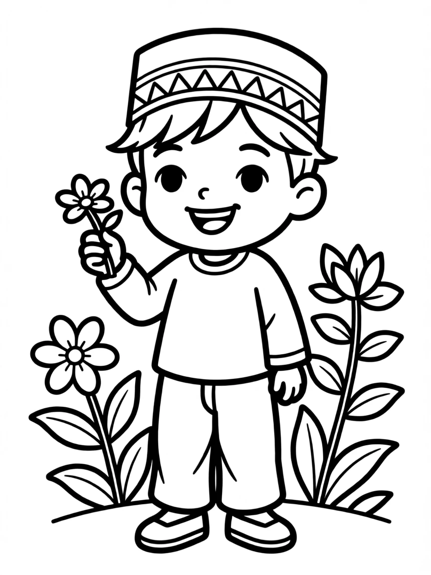 A Nepalese child, with a simple pattern on their hat.
