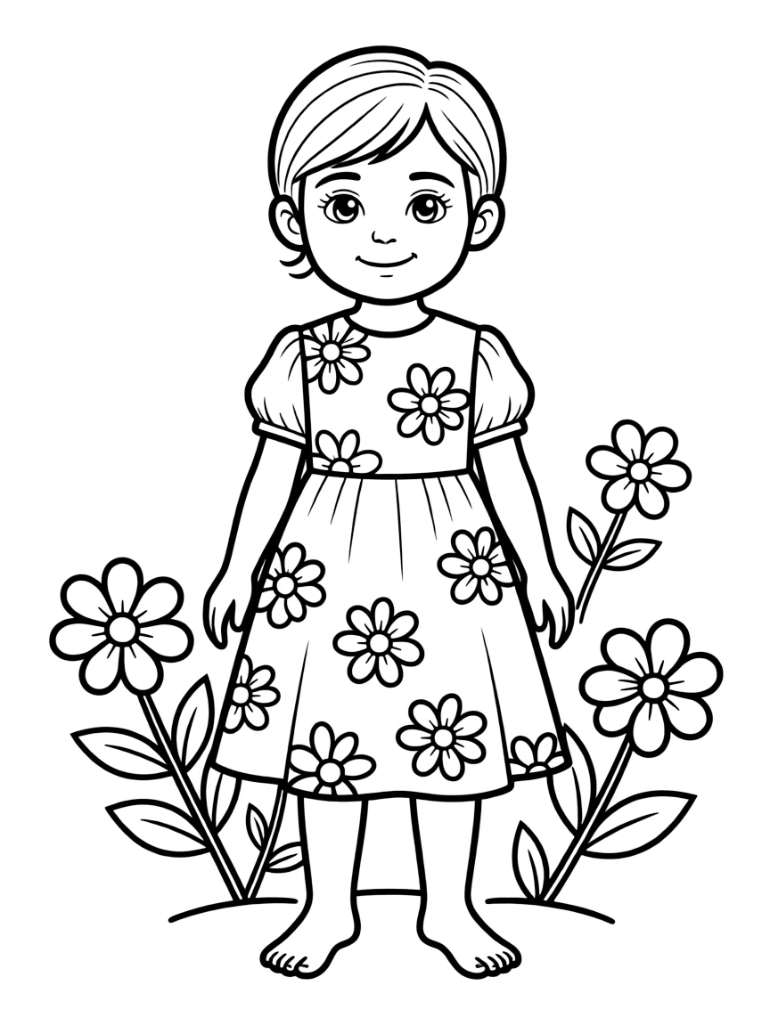 An Iranian child, with a simple floral design on their dress.