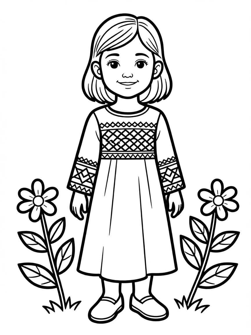 A Palestinian child, with a simple cross-stitch pattern on their dress.