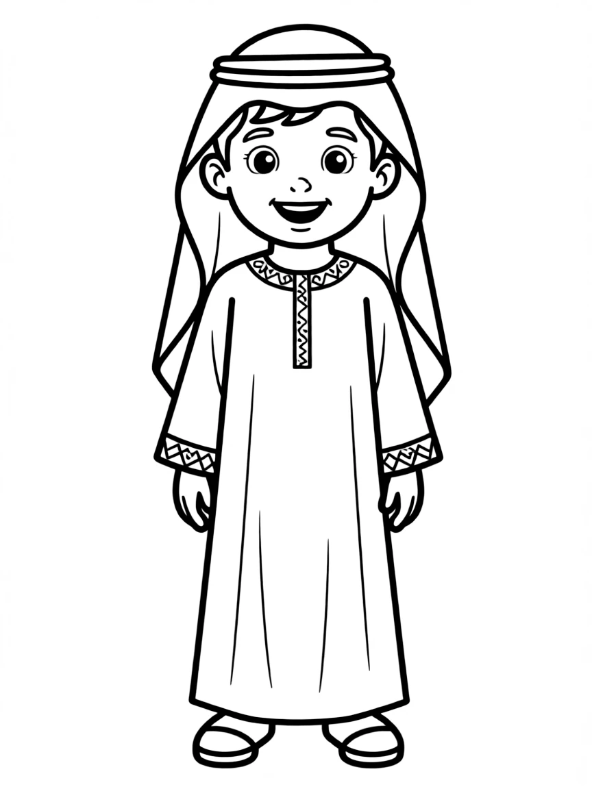 A Saudi Arabian child, with a simple patterned edge on their thobe.