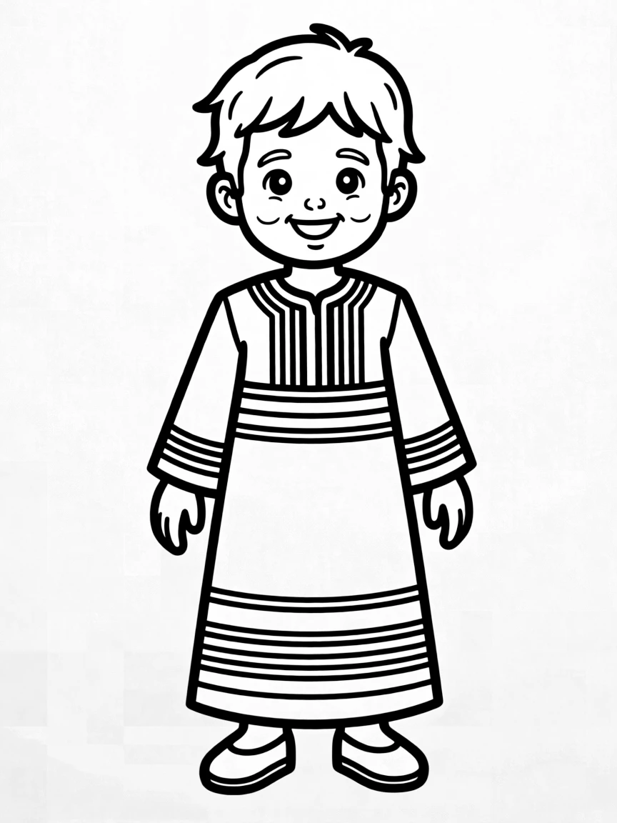 A Yemeni child, with a simple striped pattern on their traditional dress.