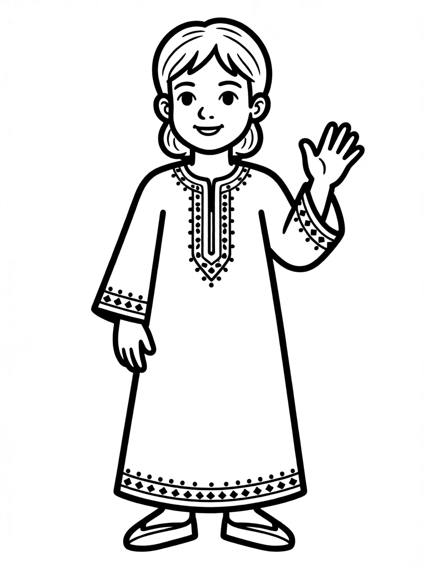 A Syrian child, with a simple patterned border on their clothes.