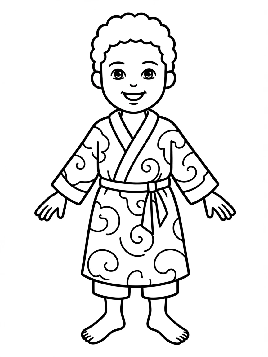A smiling African child, wearing a simple robe with a tie-dye pattern.
