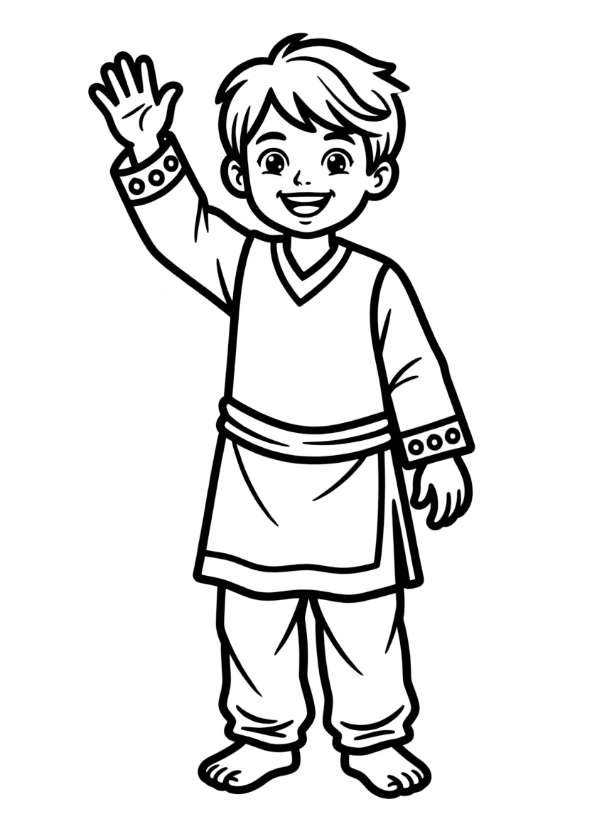 A joyful Indian child, with simple patterns on their cuffs.