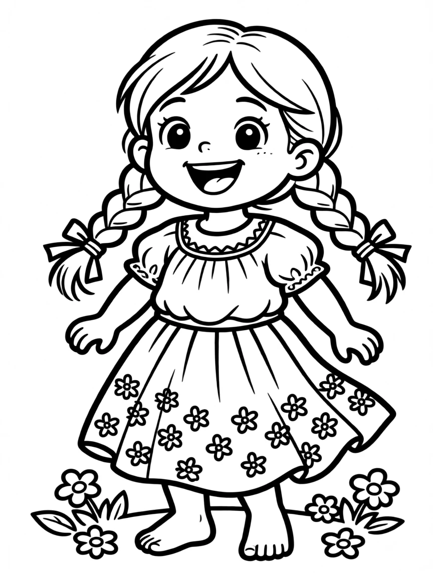 An excited Mexican child, with simple ribbons in their braids.