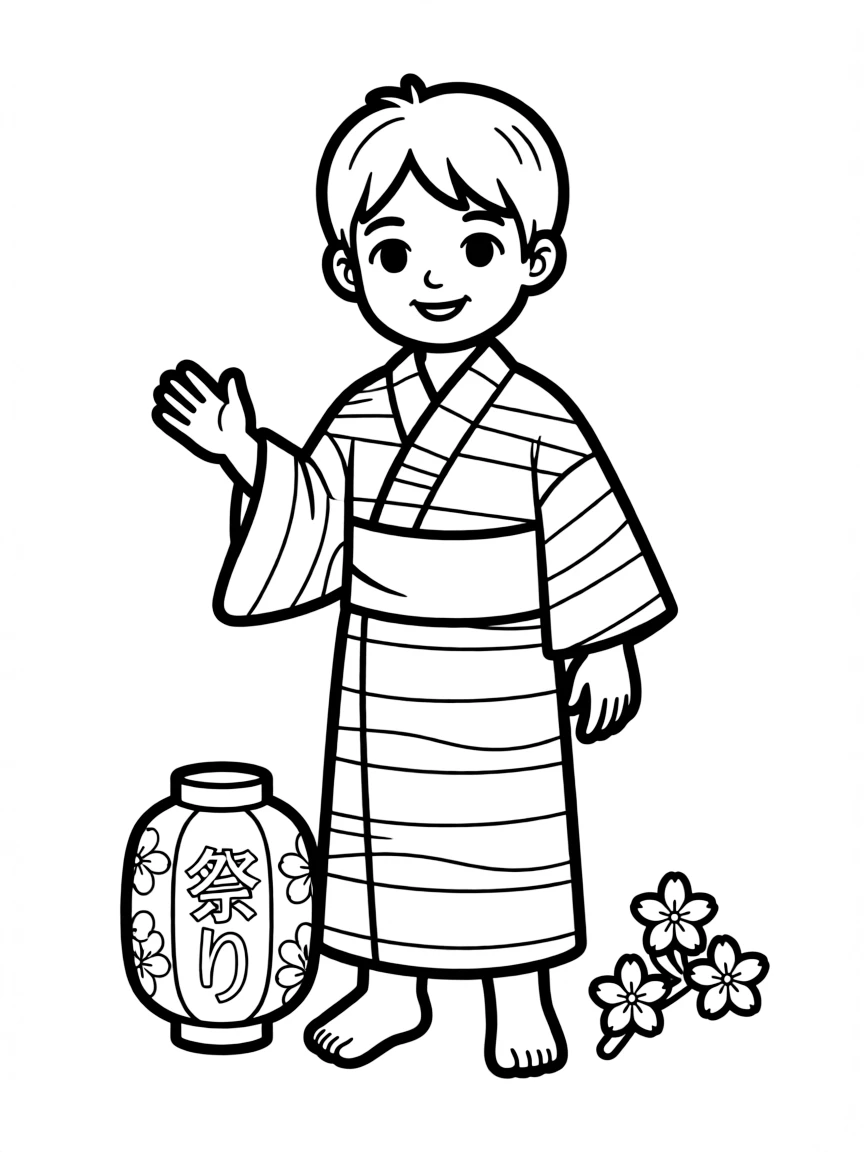 A Japanese child, with a simple stripe on their kimono.