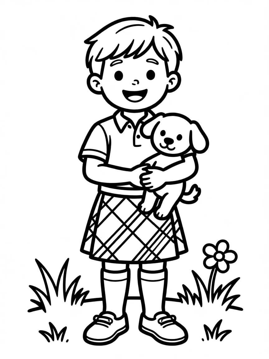 A Scottish child, with a simple diagonal pattern on their kilt.