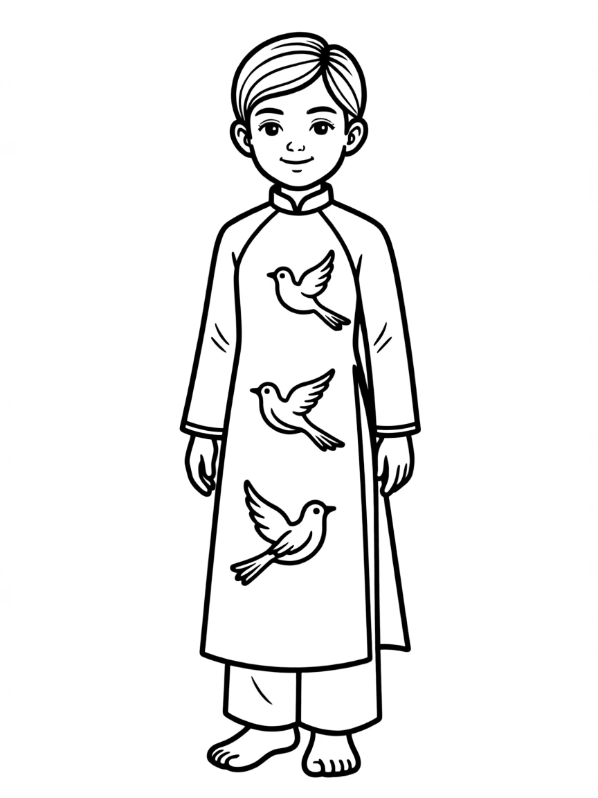 A Vietnamese child, with a simple bird pattern on their ao dai.