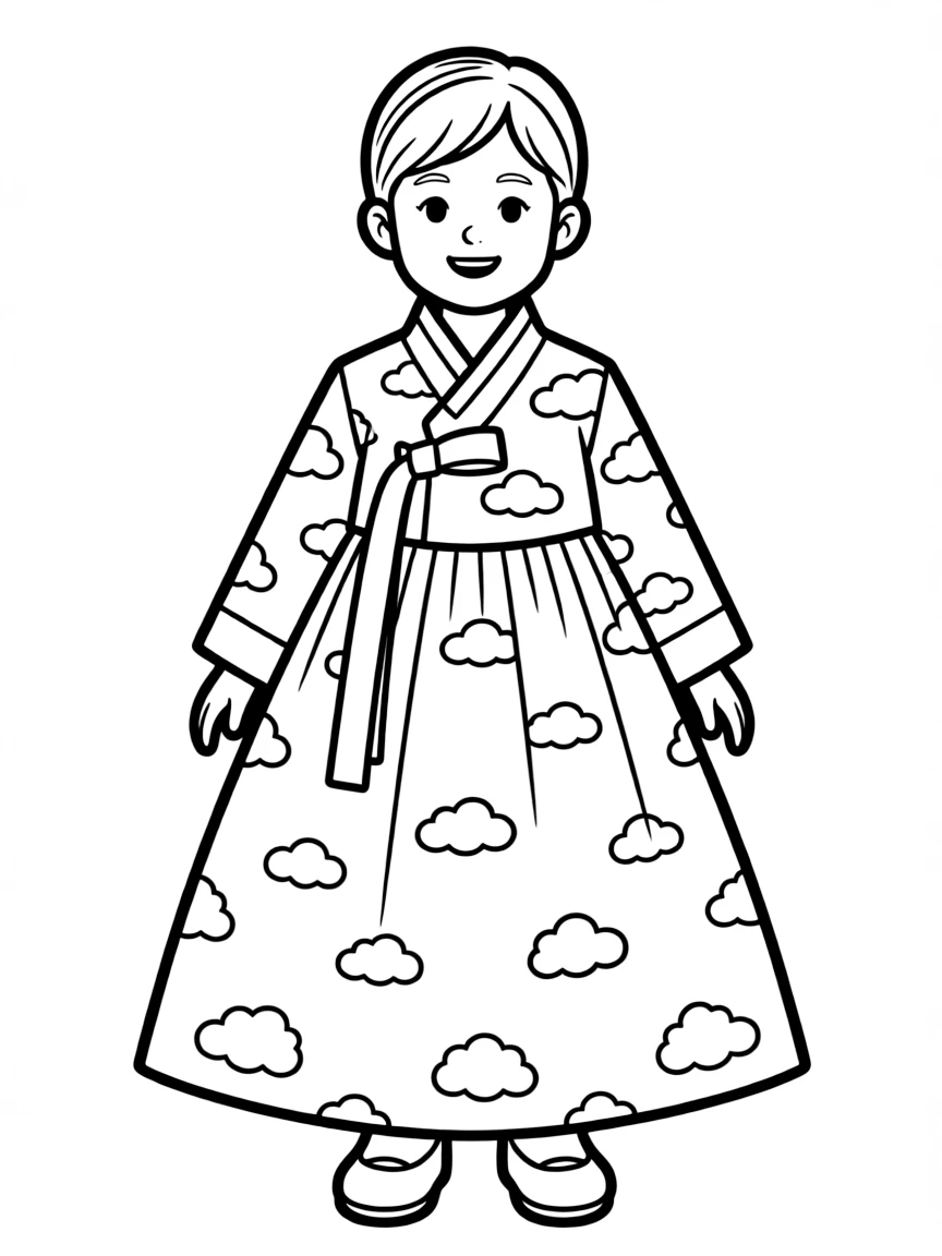 A Korean child, with a simple cloud pattern on their hanbok.