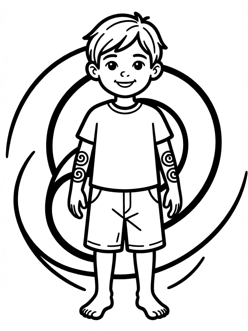 An Australian Aboriginal child, with simple spirals on their arms.