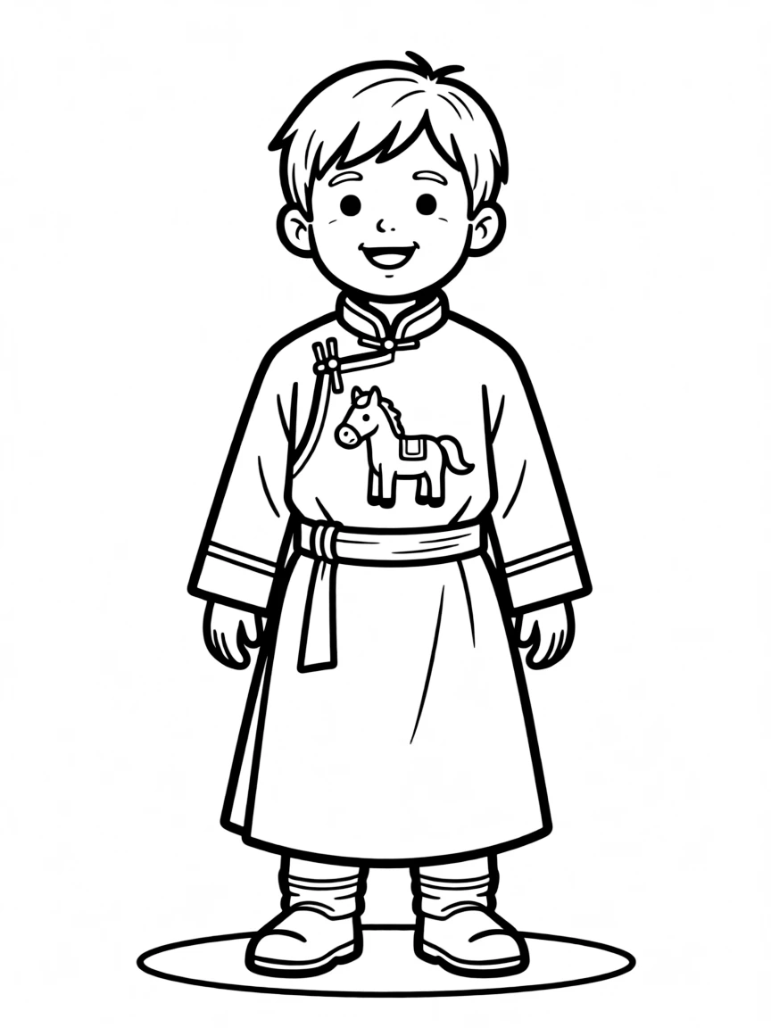 A Mongolian child, with a simple animal drawing on their deel.