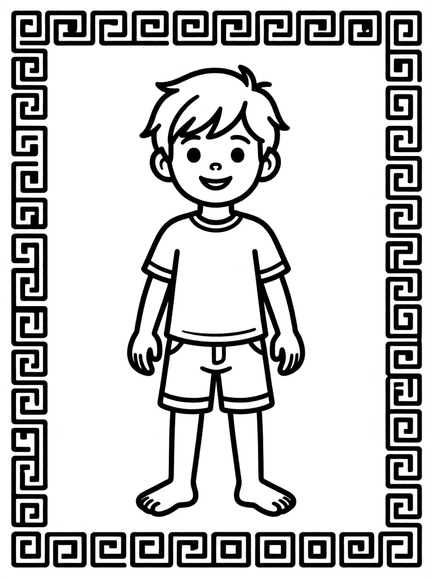A Greek child, with a simple key pattern on their border.