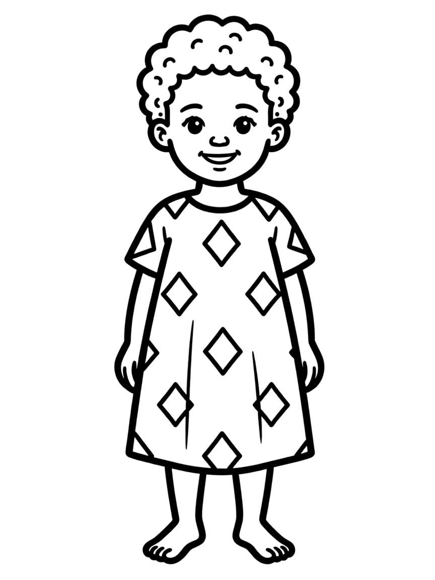 An Ethiopian child, with a simple diamond pattern on their dress.