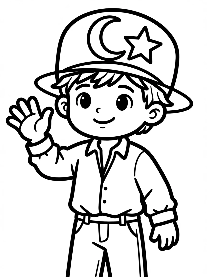 A Turkish child, with a simple crescent moon and star on their hat.
