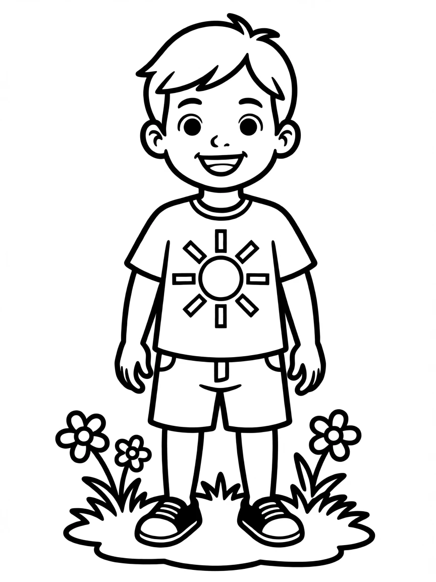 A Filipino child, with a simple sun design on their shirt.