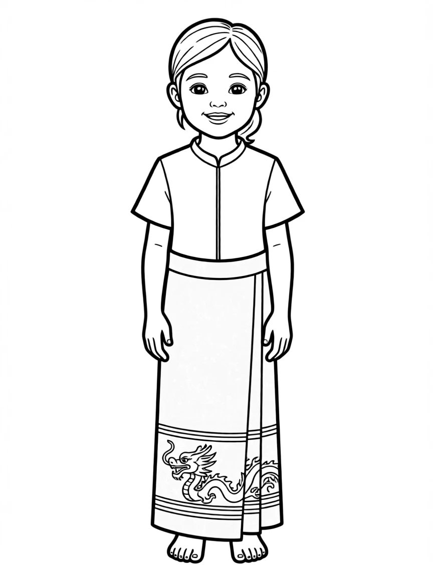 A Laotian child, with a simple dragon pattern on their sinh.