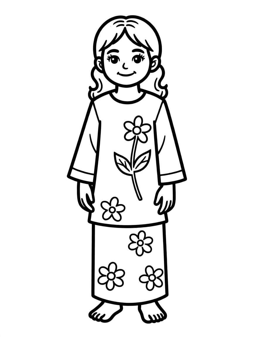 A Malaysian child, with a simple flower design on their baju kurung.