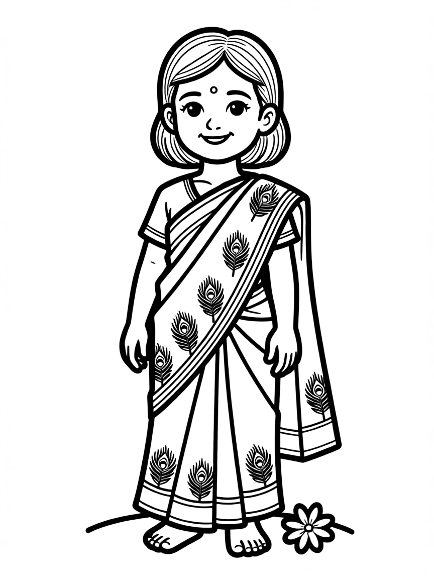 A Sri Lankan child, with a simple peacock feather design on their sari.