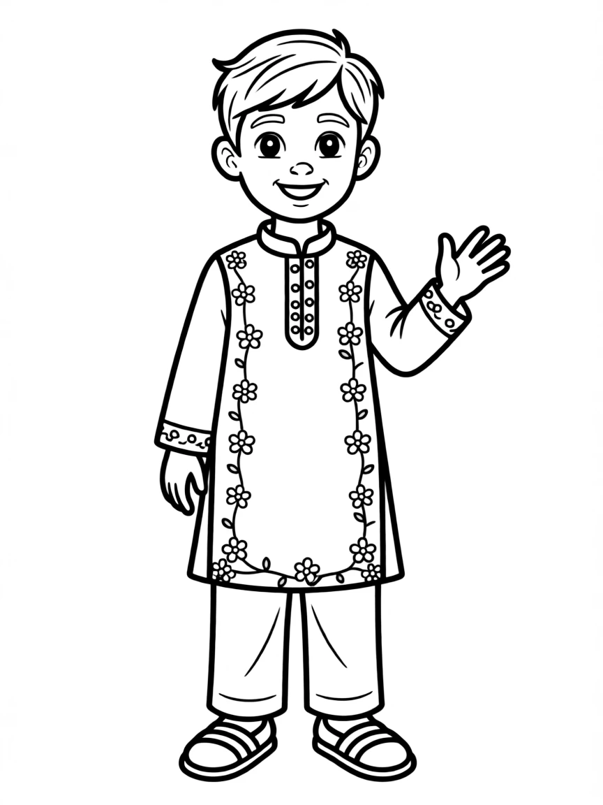 A Pakistani child, with a simple floral border on their kameez.