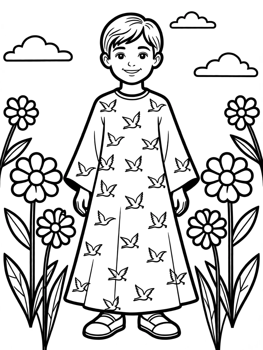 An Iranian child, with a simple bird pattern on their traditional dress.