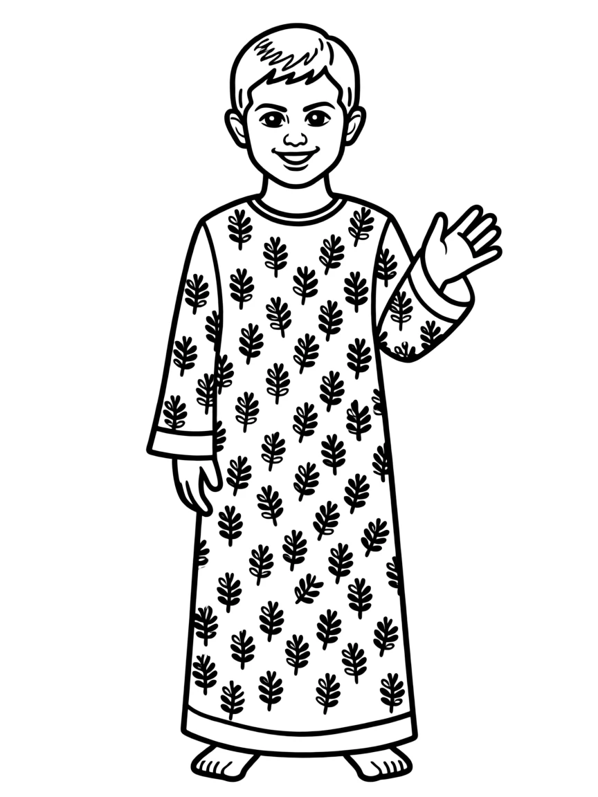 A Palestinian child, with a simple olive tree pattern on their thobe.