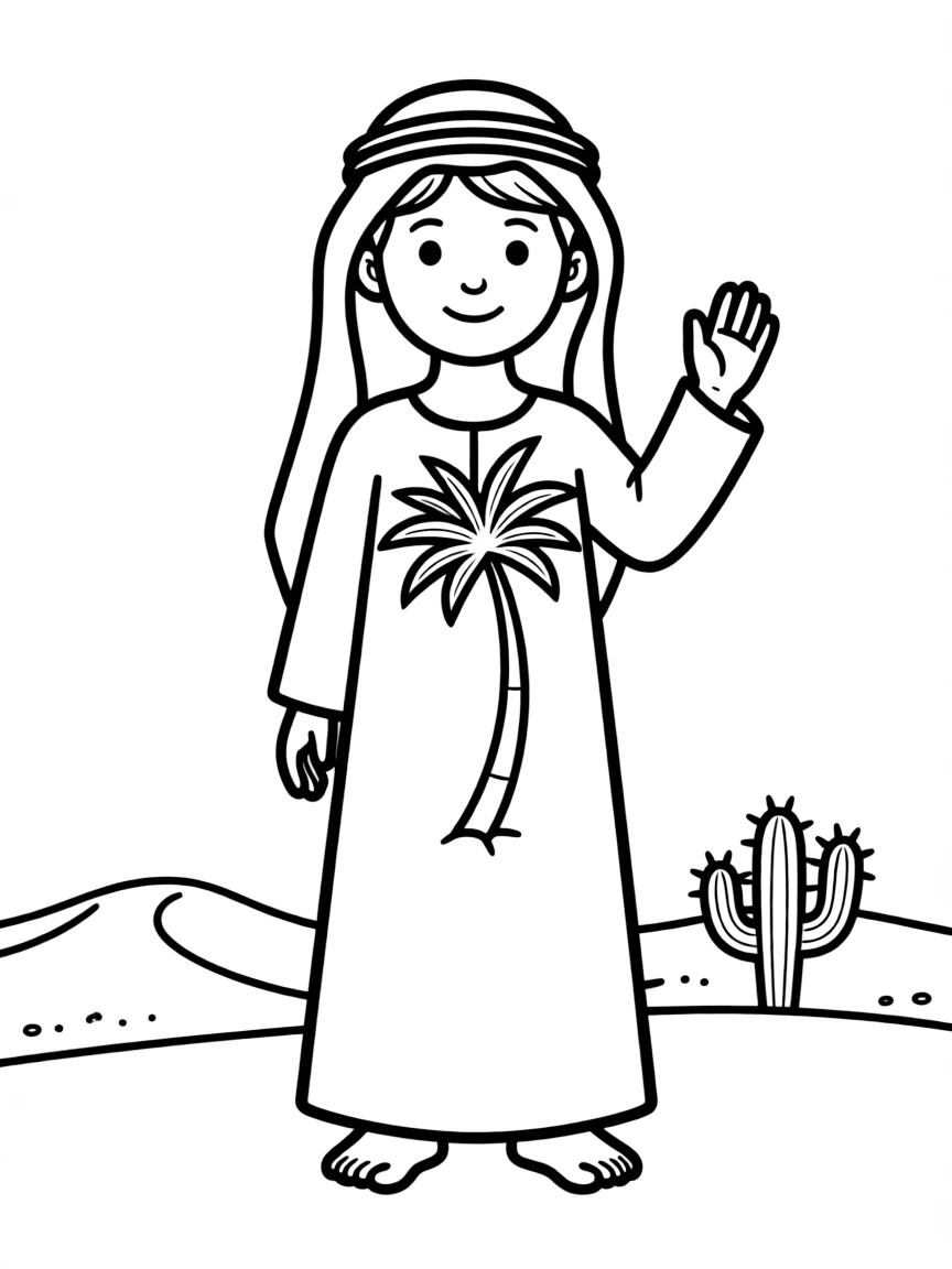 A Saudi Arabian child, with a simple date palm tree on their thobe.