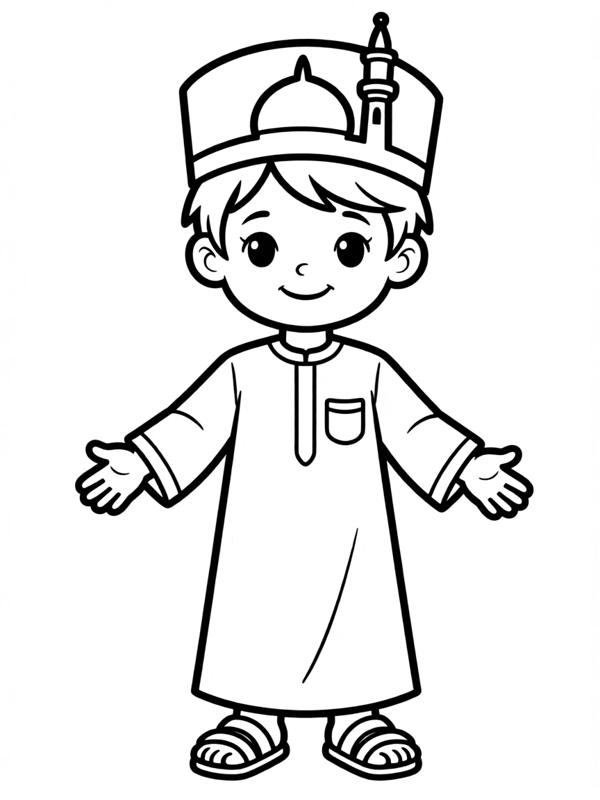 An Omani child, with a simple mosque outline on their cap.