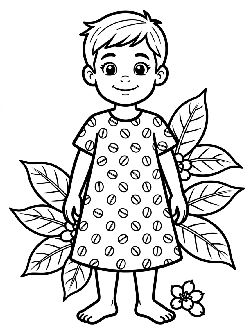 A Yemeni child, with a simple coffee bean pattern on their dress.