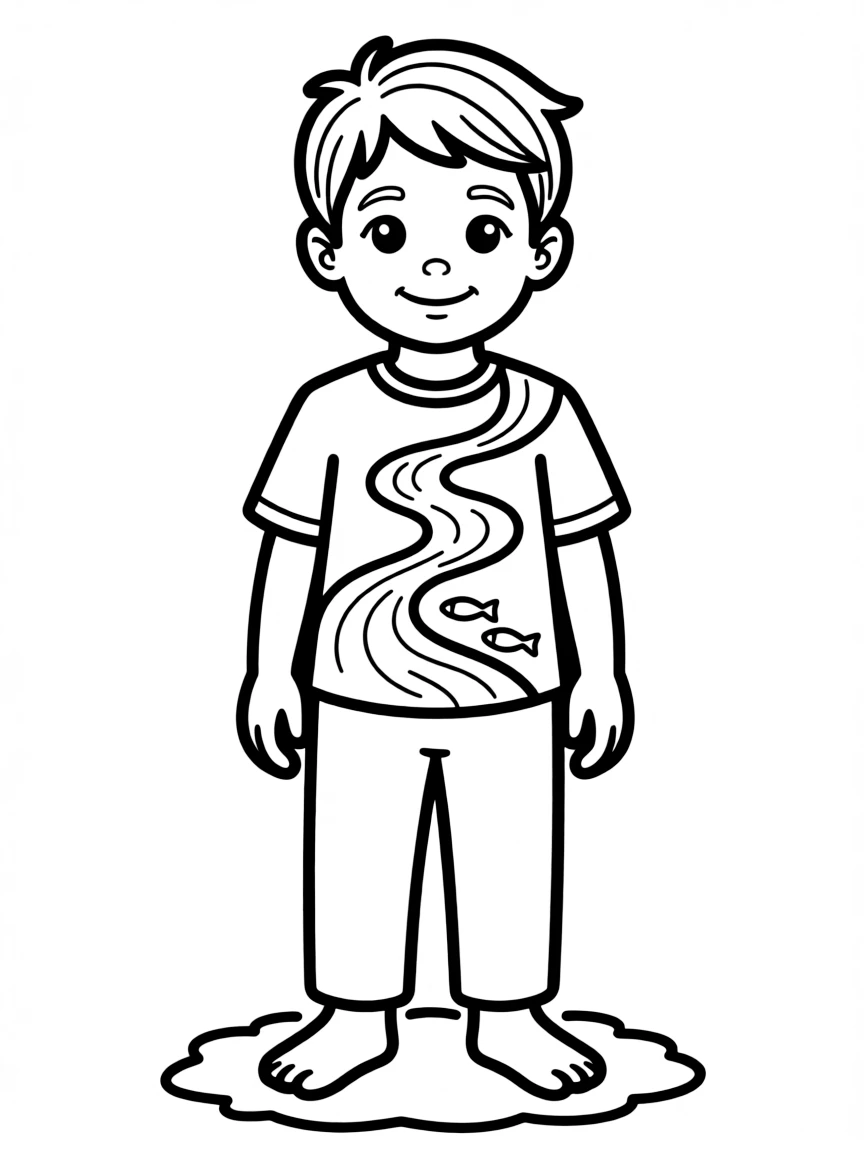 An Iraqi child, with a simple river design on their clothes.