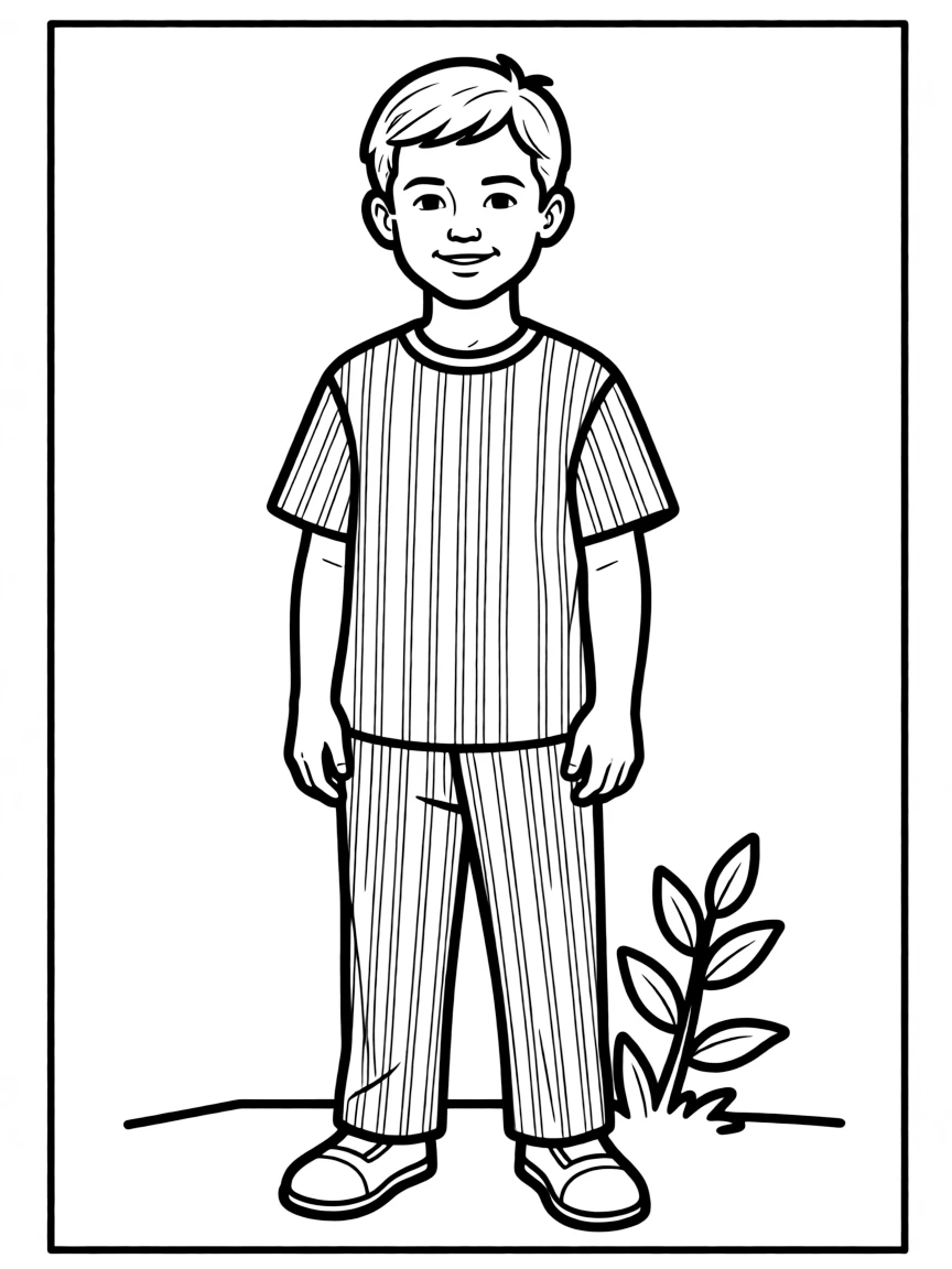 A Syrian child, with a simple column pattern on their outfit.