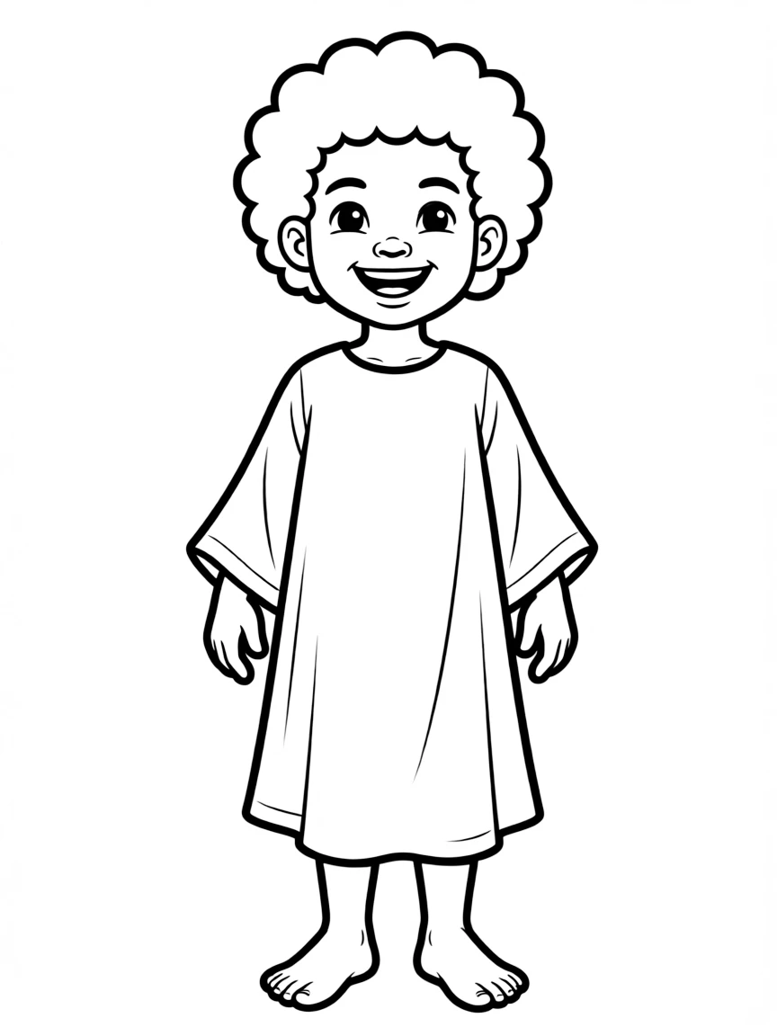 A joyful African child, wearing a simple bright blue robe, with a happy expression.