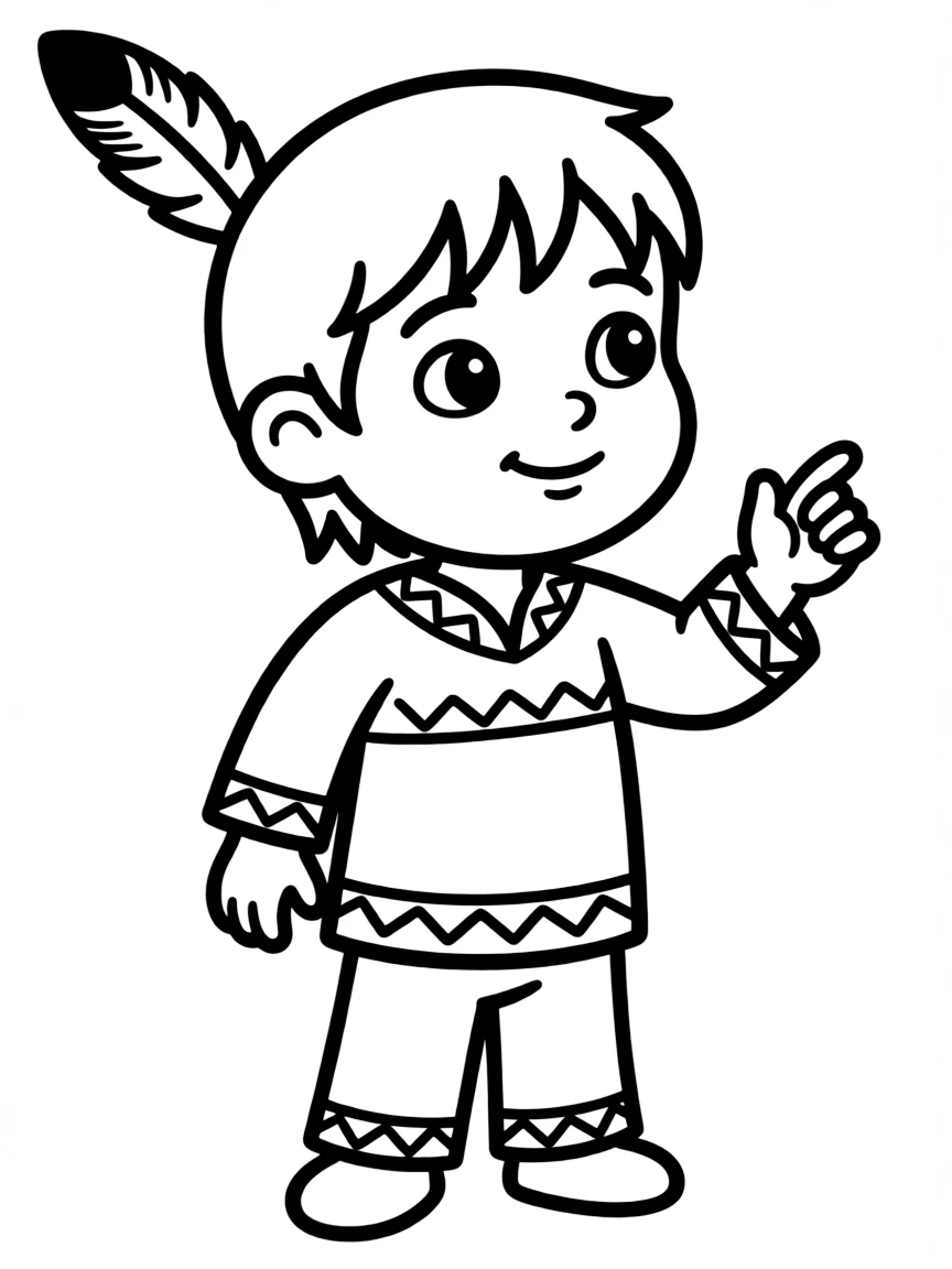 A happy Native American child, with a simple feather in their hair, looking curious.