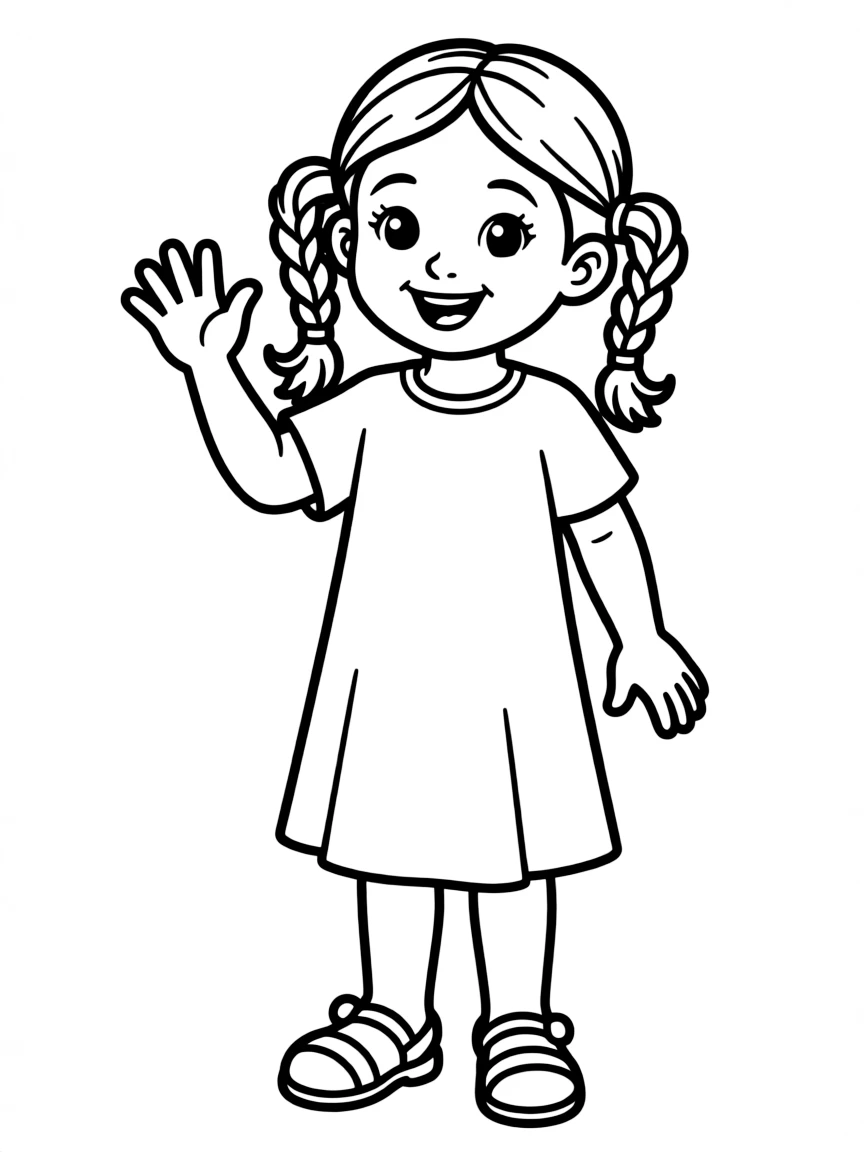 A cheerful Mexican child, in a simple white dress, with a friendly wave.