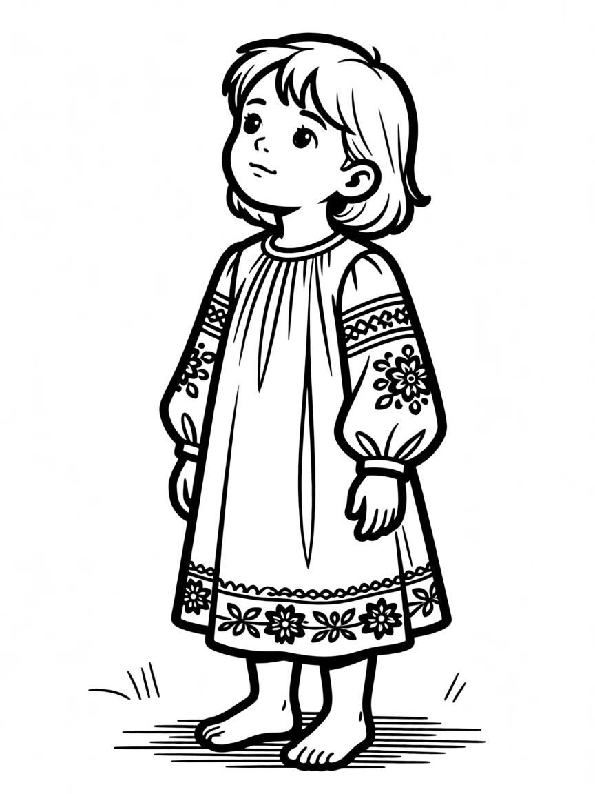 A Russian child, in a simple embroidered dress, looking thoughtful.