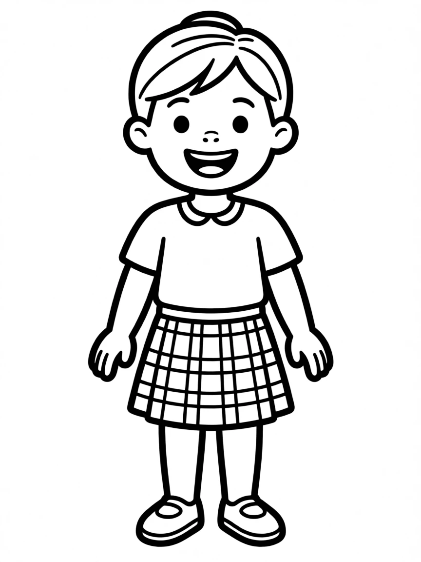 A Scottish child, in a simple tartan skirt, with a cheerful grin.