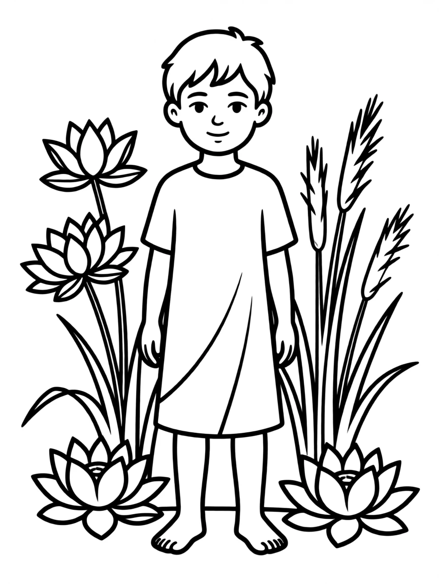 An Egyptian child, in a plain white tunic, with a calm face.