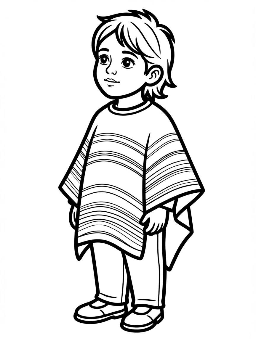 A Peruvian child, in a plain woven poncho, looking contemplative.