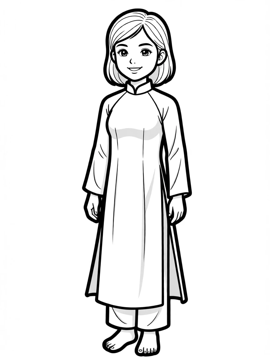 A Vietnamese child, in a simple ao dai, with a gentle smile.