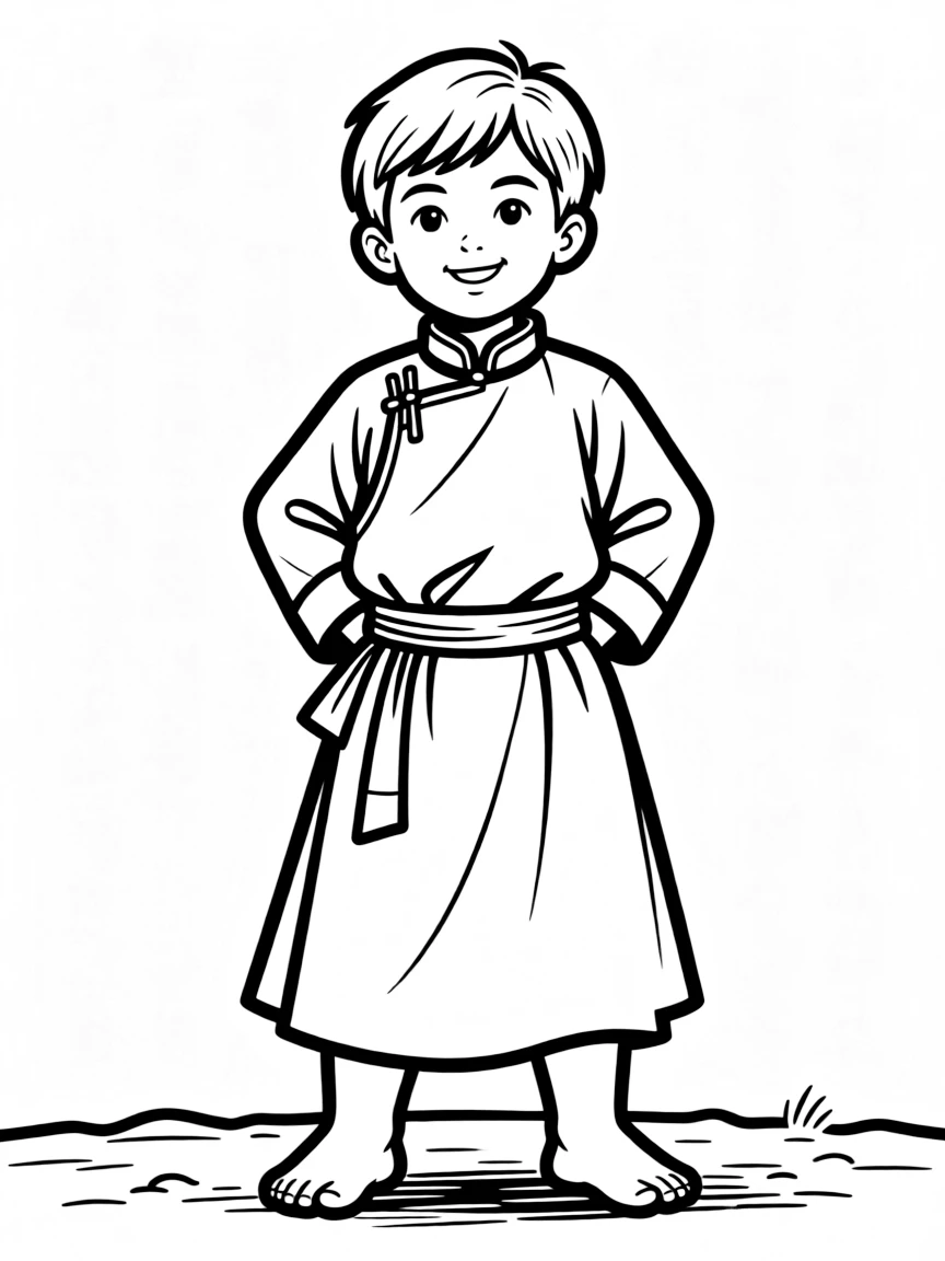 A Mongolian child, in a simple deel, looking strong.