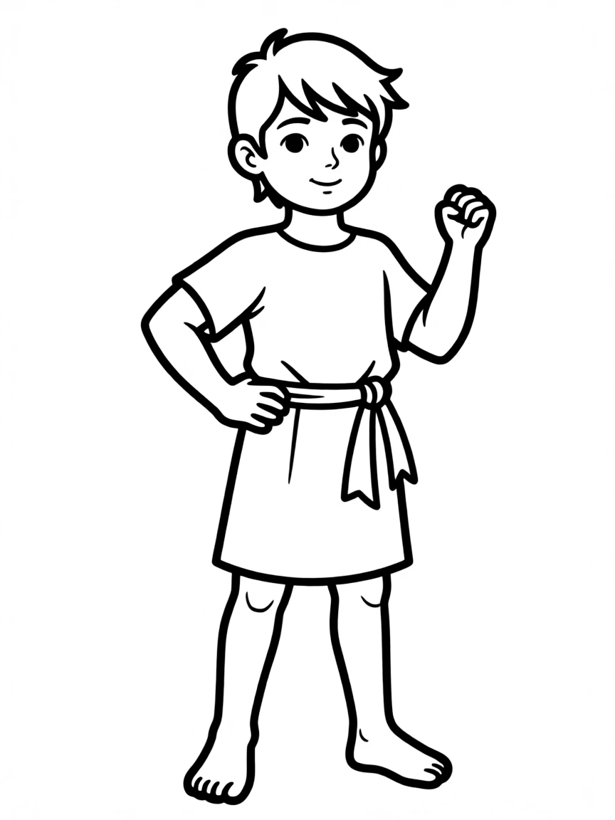 A Greek child, in a simple white tunic, looking heroic.