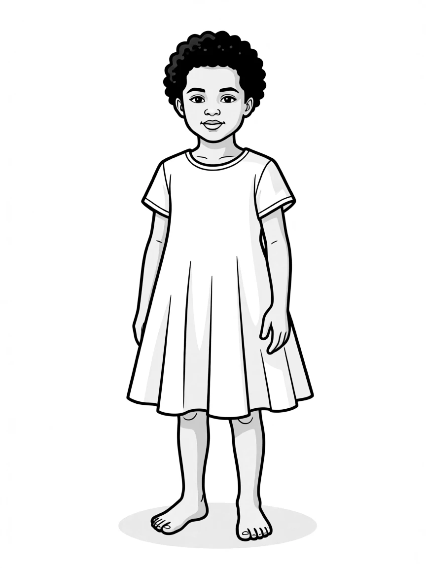 An Ethiopian child, in a plain white dress, looking dignified.