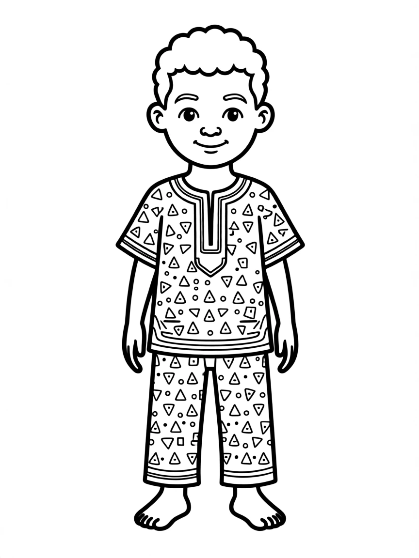 A Nigerian child, in a simple patterned outfit, looking proud.