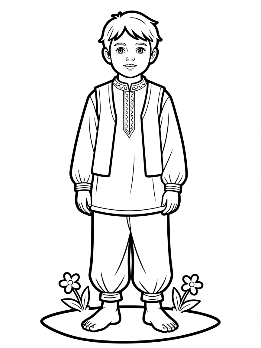 A Turkish child, in simple traditional clothes, looking calm.